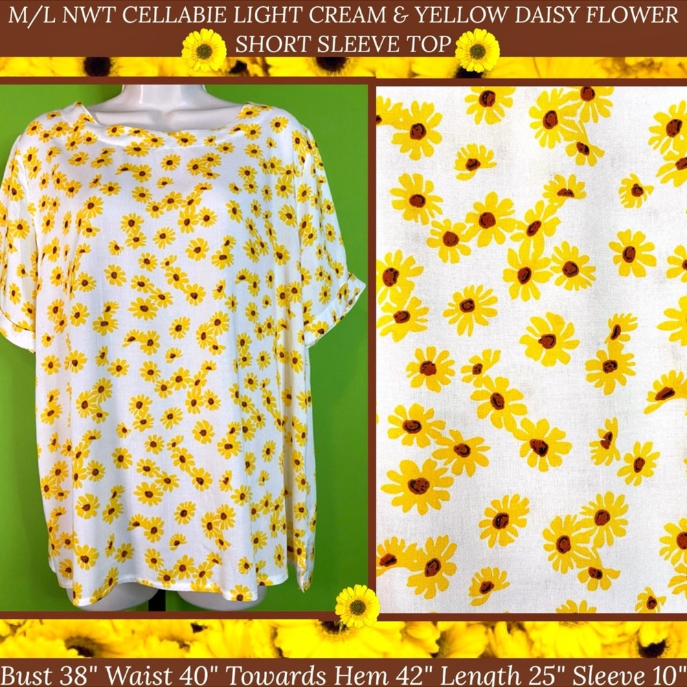 SUMMER FALL M/L NWT CELLABIE LIGHT CREAM & YELLOW DAISY FLOWER SHORT SLEEVE TOP